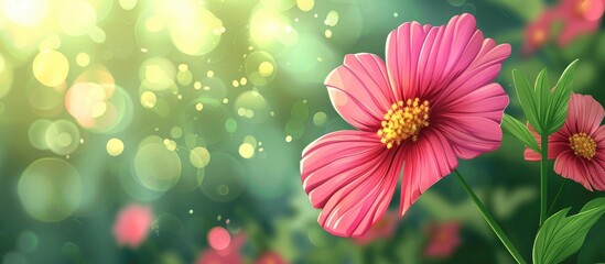 Wall Mural - Closeup shot of a magenta flower in a field, with sunlight filtering through the petals and leaves. Captured in macro photography, showcasing the beauty of this herbaceous terrestrial plant