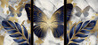 panel wall art, marble background with flowers designs and butterfly silhouette, wall decoration	