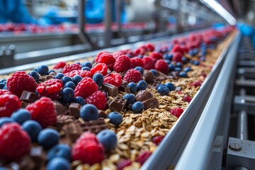 Wall Mural - muesli with fruits and chocolate factory, conveyor line