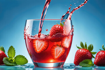 Wall Mural - Freshly squeezed organic strawberry juice in glass and fresh strawberry on light blue background.