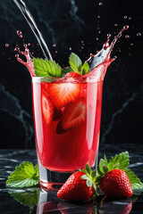 Wall Mural - Freshly squeezed organic strawberry juice in glass and fresh strawberry on dark marble table.