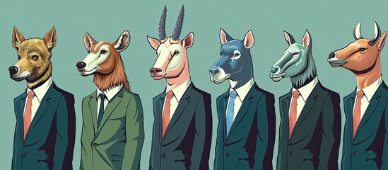 Canvas Print - A cartoon illustration of fictional characters wearing formal wear, ties, and headgear, standing together in suits and ties at an event, gesturing with their snouts