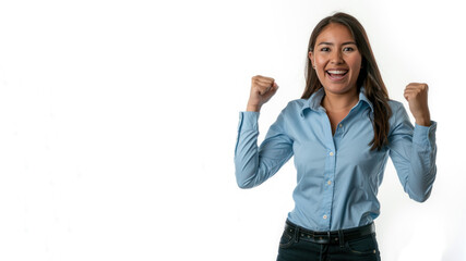 Wall Mural - Hispanic Business Woman in blue shirt has good news, smile and raised hands