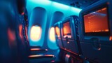 Fototapeta Natura - Blue cabin lights on airplane seats