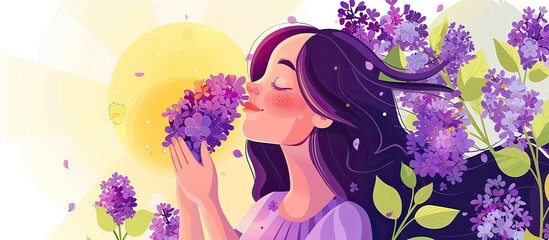 Sticker - With her eyes closed, the woman is experiencing the sweet scent of purple flowers, her head tilted back in a happy gesture of appreciation for the art of nature