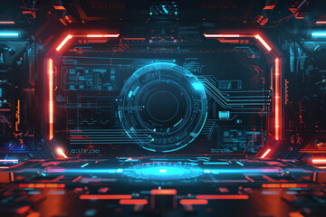 Tech digital background. Neon frame. Technology tunnel