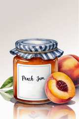 Wall Mural - Peach jam or marmalade and fresh peach in watercolor style.