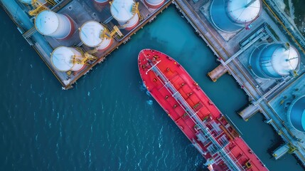 Wall Mural - Large cargo ship docked next to an industrial oil and gas tank storage complex. Aerial view. Aerial shot of red cargo ship and industrial tanks.