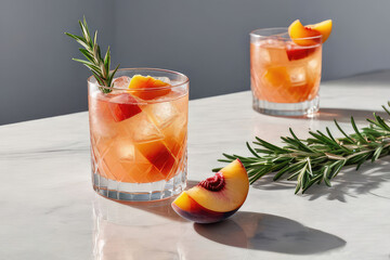 Wall Mural - Summer refreshing soda drink or alcoholic cocktail with ice, rosemary and peach on a white marble table.