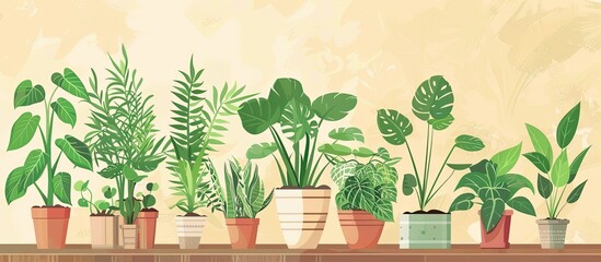 Sticker - A row of houseplants in flowerpots are arranged neatly on a wooden shelf, adding a touch of greenery to the indoor landscape