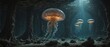 Glowing jellyfish in an underwater dark cave, beautiful dark wallpaper