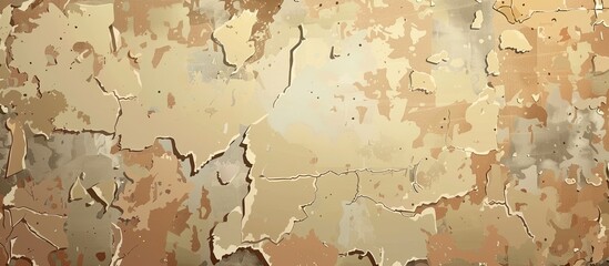 Canvas Print - A detailed shot of a cracked beige wall with peeling paint, showcasing a unique pattern resembling a landscape painting created by weathering over time