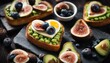 Heart-shaped toasts adorned with avocado, egg, mushrooms, cheese, blueberries, figs, and peas on a dark wooden surface.