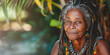 Senior mature African-American woman old lady with dreadlocks looking at the camera with a smile sitting in nature park. Lifestyle of freedom, self-expression hippies, connection with nature.