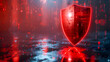 A digitalized red and black shield represents cybersecurity in a conceptual visualization of network protection