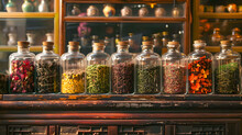 Rows Of Glass Jars Filled With Various Dried Herbs And Spices On An Old Wooden Shelf Depict Natural Healing And Tradition