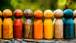 Colorful wooden peg dolls lined up against a blurred natural background, symbolizing diversity and unity.