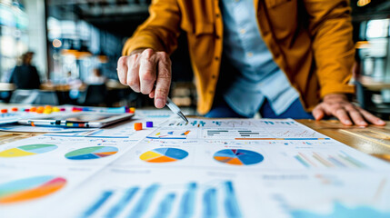 Poster - person in business attire analyzing colorful charts and graphs on paper with a pen, possibly in a co