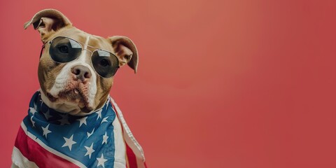 dog with sunglasses and an american flag scarf.