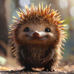 A cute cartoo little baby echidna with a big smile on its face. The image is bright and cheerful, with the hedgehog looking happy and content. 3d render style, children cartoon animation style