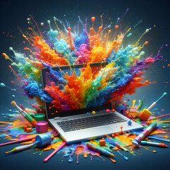 laptop exploding in colorful paint- creativity, art, innovation concept