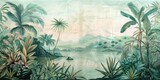 Fototapeta Koty - wallpaper jungle and leaves tropical forest birds old drawing vintage - generative ai	
