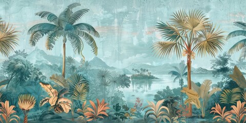 Wall Mural - wallpaper jungle and leaves tropical forest birds old drawing vintage - generative ai	