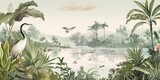 Fototapeta Pokój dzieciecy - wallpaper jungle and leaves tropical forest birds old drawing vintage - generative ai	

