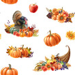 Thanksgiving decor elements seamless pattern. Watercolor illustration. Autumn floral festive decor with pumpkin, cornucopia, fallen leaves, fruit, turkey. Thanksgiving vintage style seamless pattern