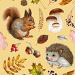 Autumn forest animals, natural elements seamless pattern. Watercolor illustration. Hand drawn squirrel, hedgehog, mushrooms, autumn fallen leaves seamless pattern decor. Warm colors background