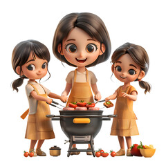 Wall Mural - A 3D animated cartoon render of a happy mother grilling while kids play around.