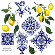 Watercolor clipart. Azulejo graphic element, Madonna, lemon, vase, angel, tile, floral, landscape. Mediterranean illustration. Portugal mural, isolated on transparent background. PNG file 