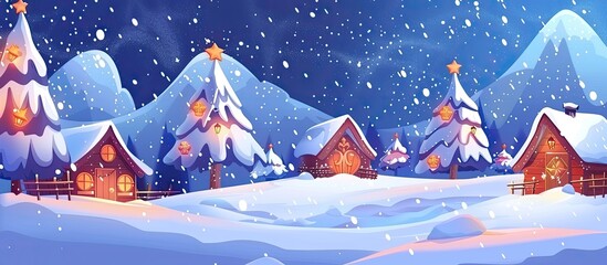 Wall Mural - A snowy village at night with Christmas trees and houses covered in snow, creating a picturesque scene with a serene natural environment under the starry sky