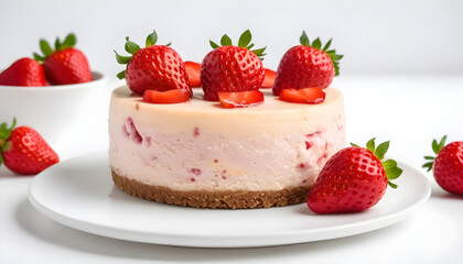 Wall Mural - Delicious strawberry cheesecake on white backdrop