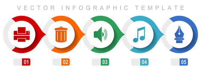 Poster - Media flat design infographic template, miscellaneous symbols such as printer, trash can, speaker, note and pen, vector icons collection