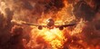 Airplane flying through clouds of fire. The concept of violence and terrorism