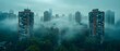 Foggy cityscape with tall buildings creating eerie gloomy atmosphere on cloudy day. Concept Cityscape Photography, Foggy Atmosphere, Tall Buildings, Eerie Mood, Cloudy Day