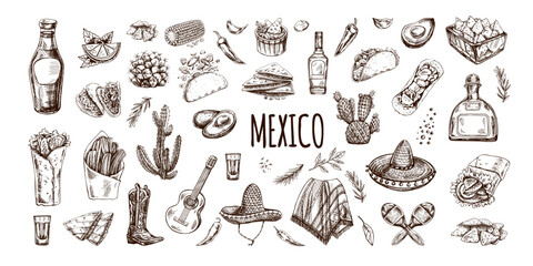 Hand-drawn set of realistic mexican elements. Vintage sketch drawings of Latin American culture. Vector ink illustration. Mexican culture. Latin America.