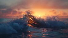 A Wave Breaking At Dawn, Its Spray Illuminated By The First Light Of Day