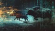 Futuristic Digital Bull Stampede in Dramatic Cyber Landscape