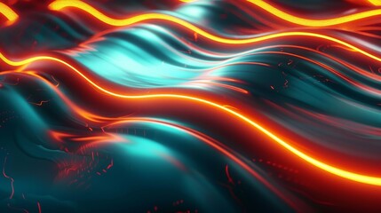 Wall Mural - 3D render, abstract background with neon light lines warp, in the style of orange and teal