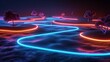 3D render of glowing neon golf course on black background, in the style of serene