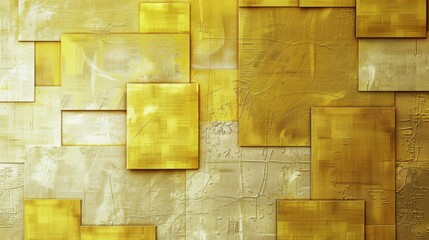 Wall Mural - A golden yellow wall with squares of different sizes and textures, The background is a white wall with geometric patterns, showcasing the beauty of the patterned texture.