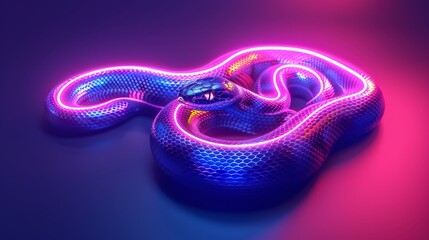 3D render of glowing neon snake symbol on a randomly colored background