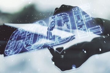 Wall Mural - creative code word sign and finger clicks on a digital tablet on background, international software 