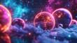 A 3D render of glowing neon planets against a background of random color