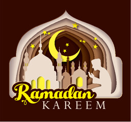 Wall Mural - Paper art carving of Ramadan Kareem with mosque for the celebration of Muslim community festival. Vector illustration.