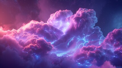 A dreamy 3D render of a neon cloud with geometric patterns, against a backdrop of celestial purple