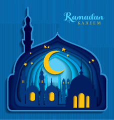 Wall Mural - Paper art carving of Ramadan Kareem with mosque for the celebration of Muslim community festival. Vector illustration.