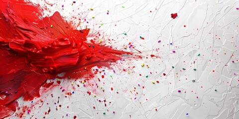 Wall Mural - Red paint mural, delicately adorned with tiny colorful confetti on a white background.